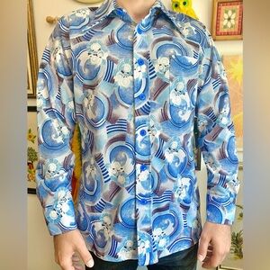 70s DEADSTOCK Psychedelic Op Art Dagger Collar Shirt